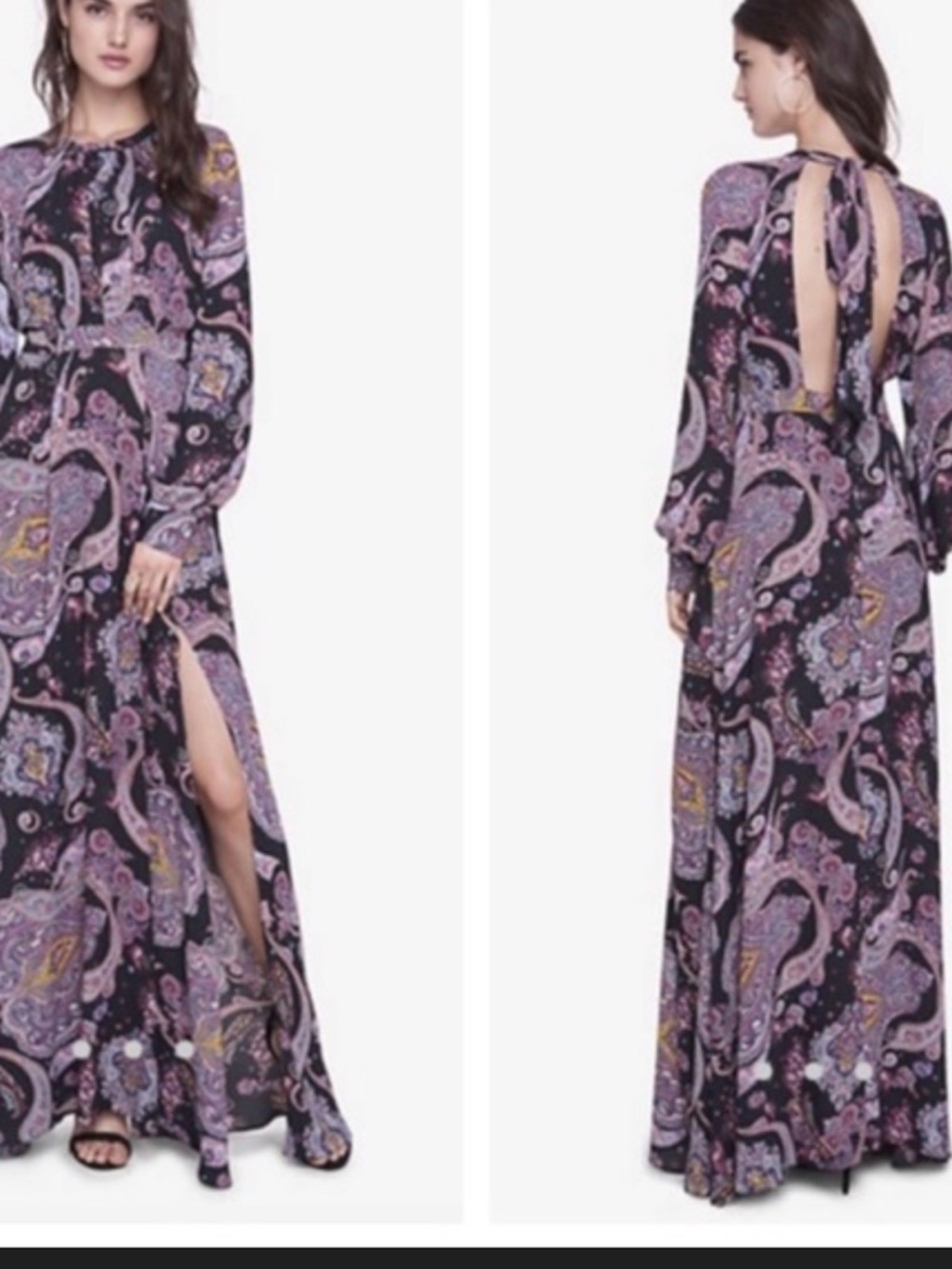 Express Purple and Black Paisley Open-Back Maxi Dress